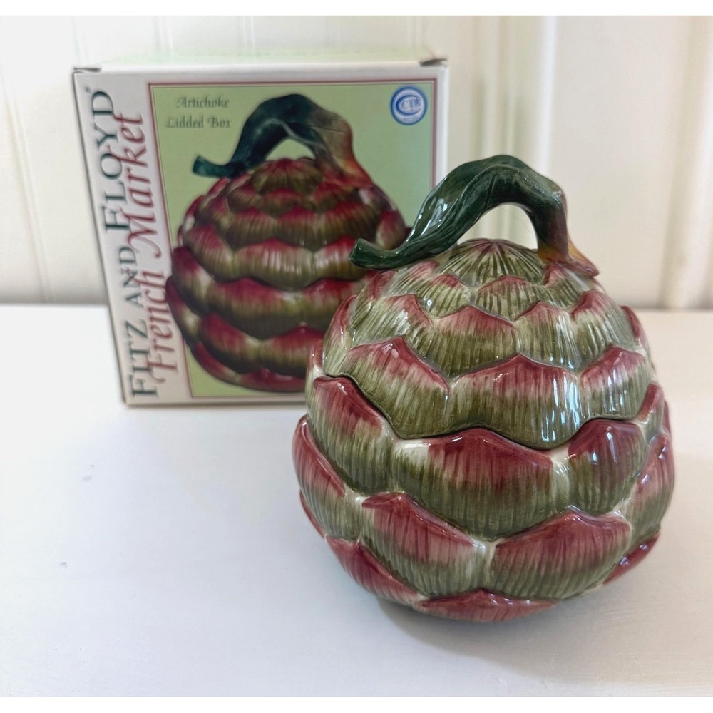 Vintage Fitz & Floyd French Market Artichoke Covered Soup Candy Bowl Green